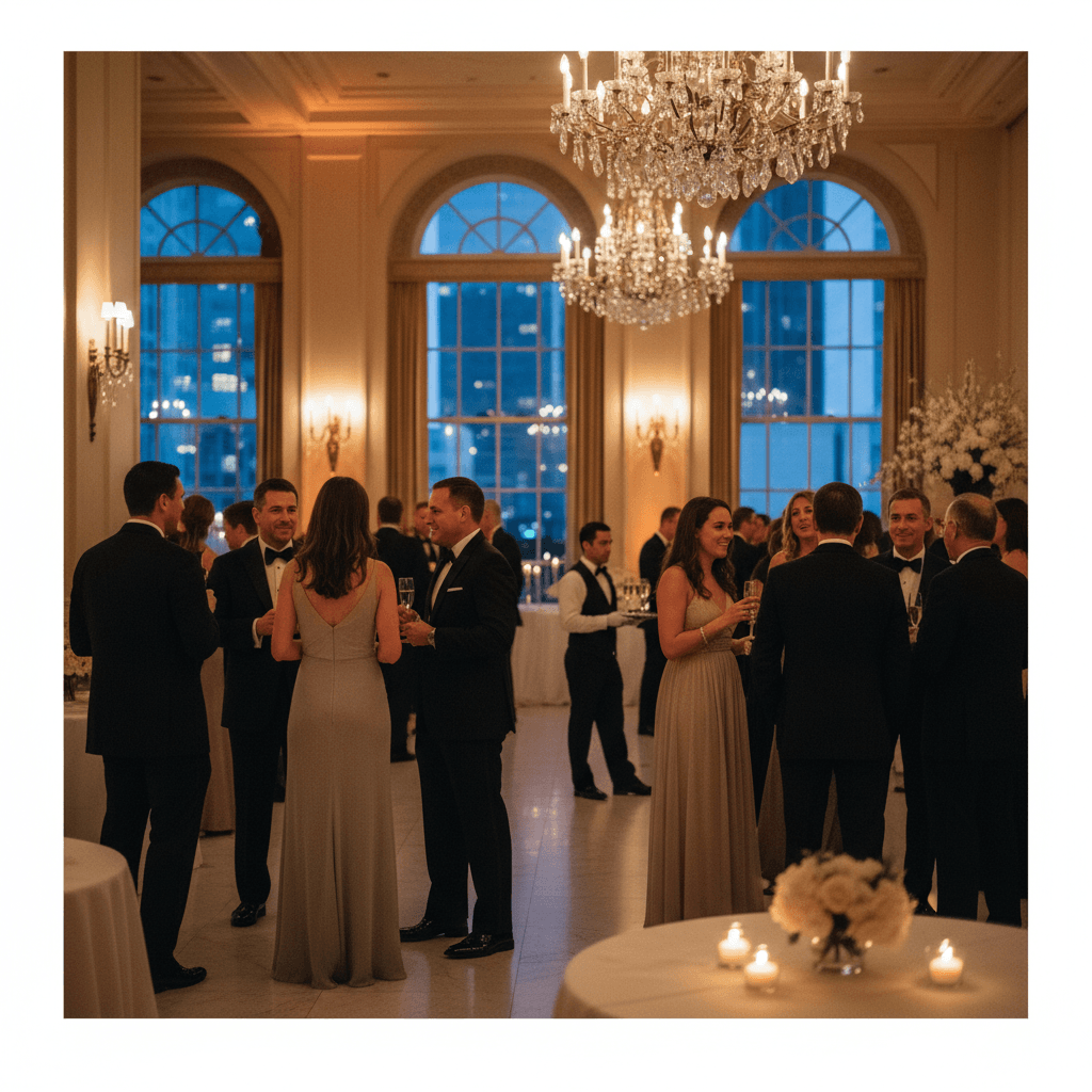 Candid shot of guests at an event reception, ambient light