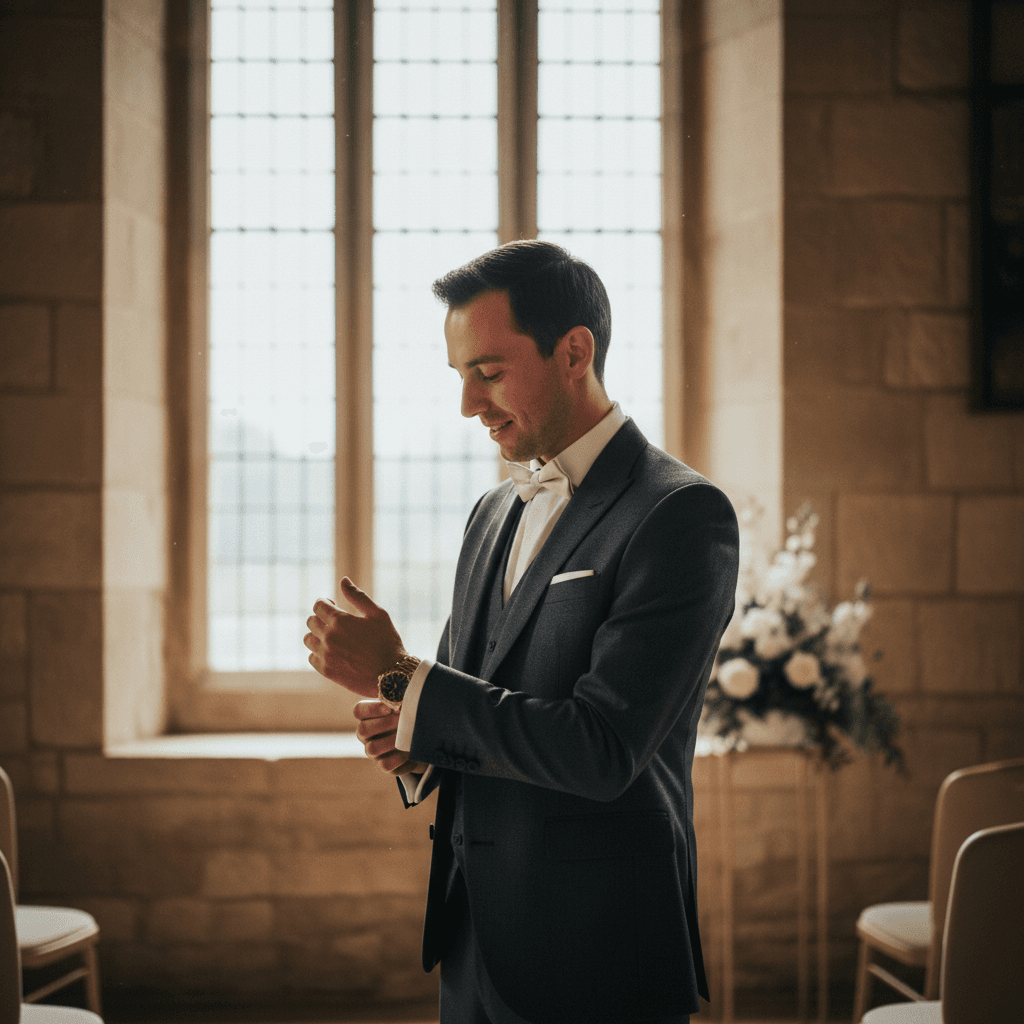 Groom adjusting his suit cuff, soft natural light