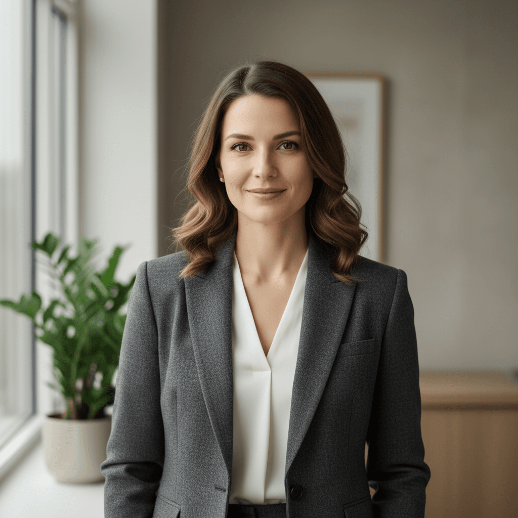 Portrait of a woman in a tailored blazer, soft window light