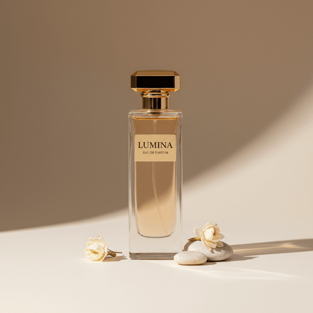 Perfume bottle on a neutral backdrop, soft shadows