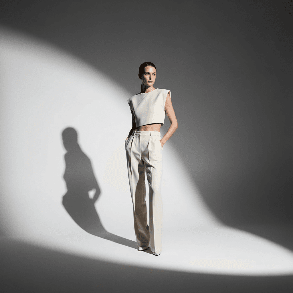 Fashion model in a minimal studio, dramatic lighting