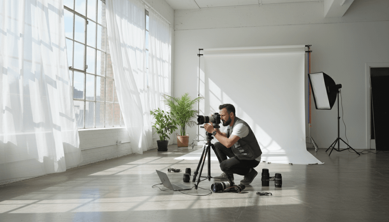 Photographer adjusting a camera on a tripod in a bright, minimalist studio with soft natural light