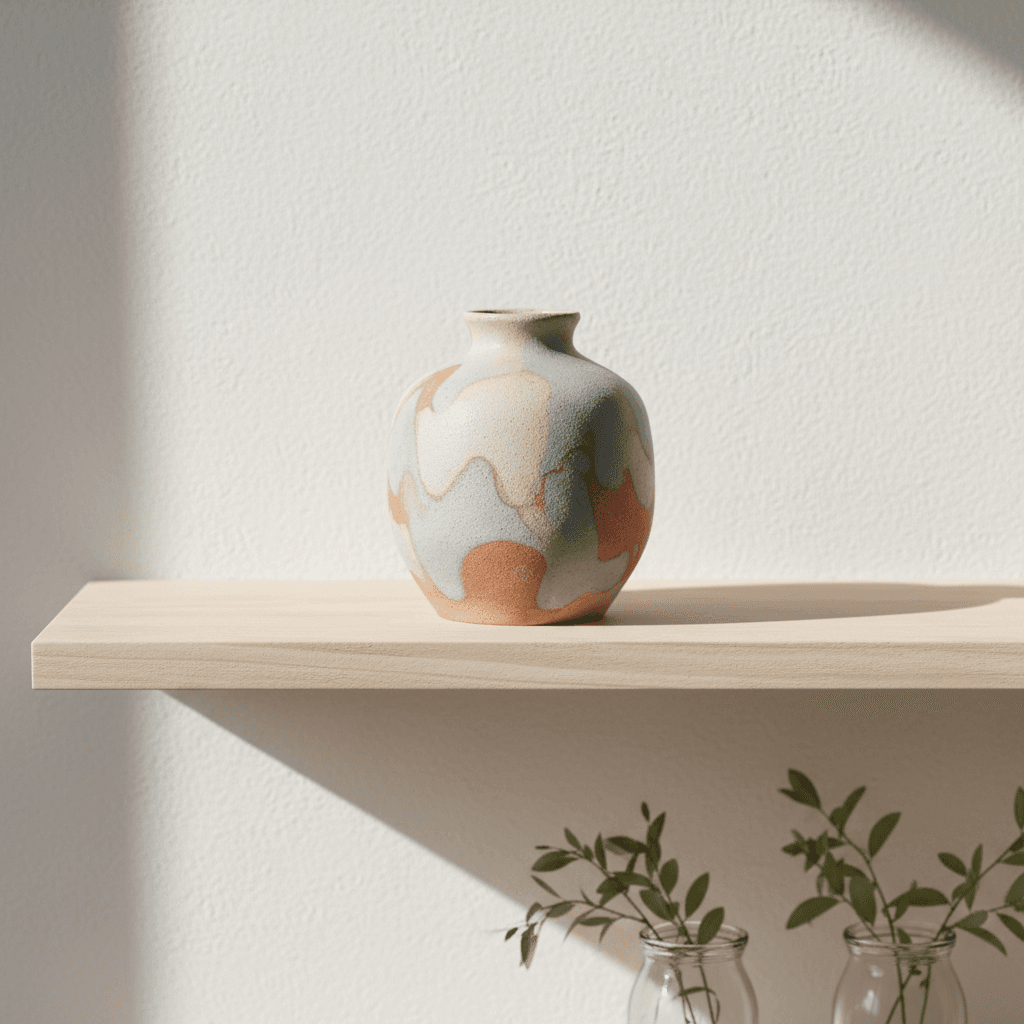 Ceramic vase on a clean shelf, natural side light
