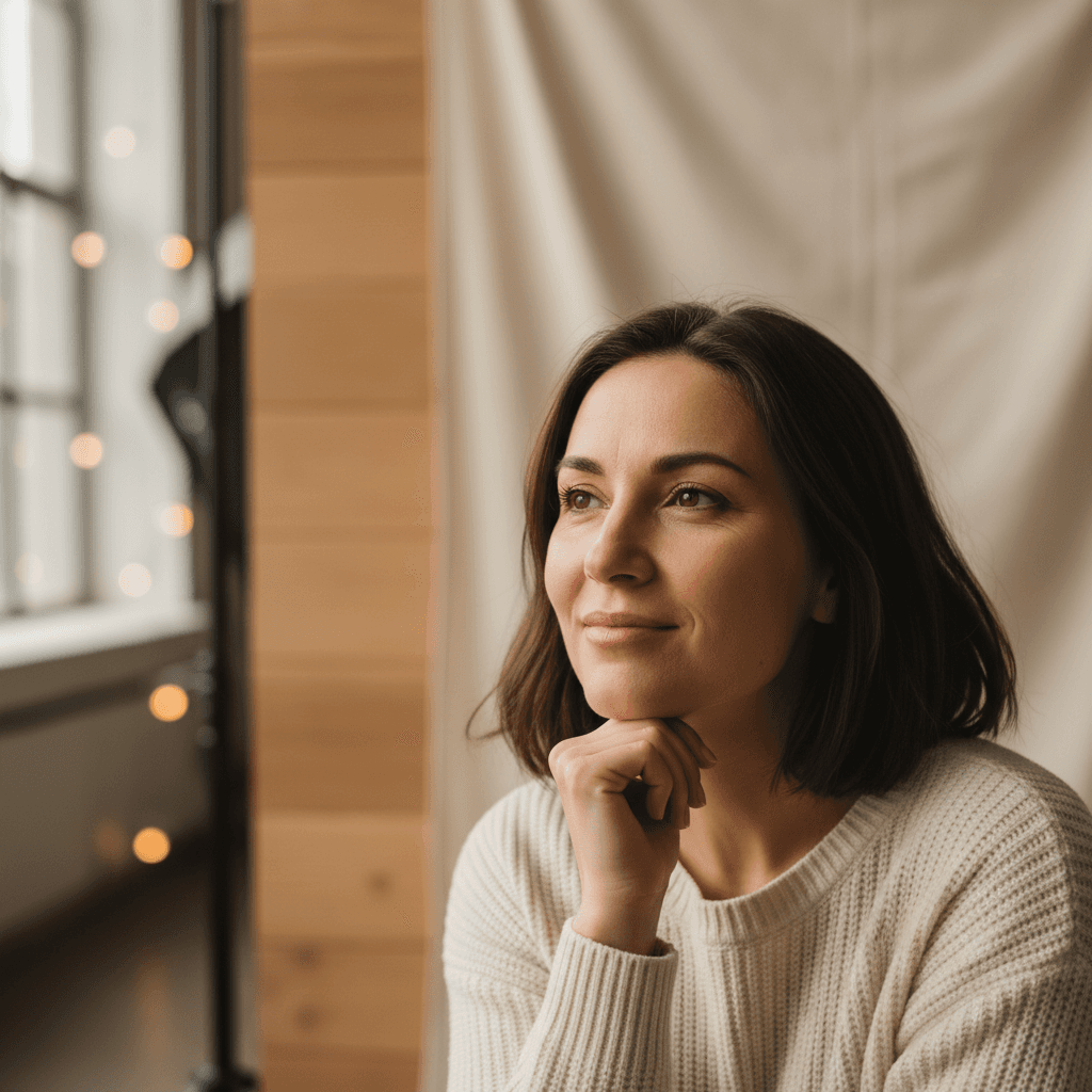 Woman in natural light portrait with soft window lighting and neutral background