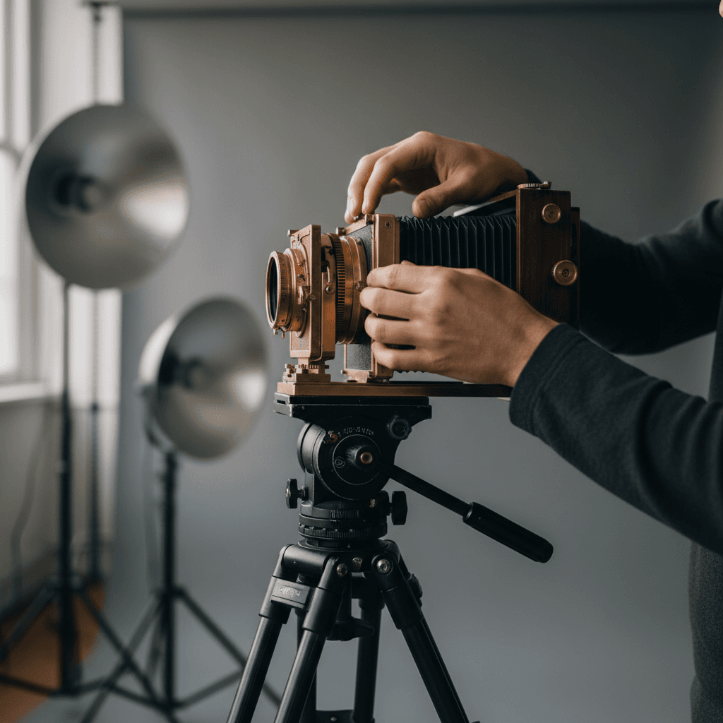 Photographer setting up a camera on a tripod in a bright, minimal studio space
