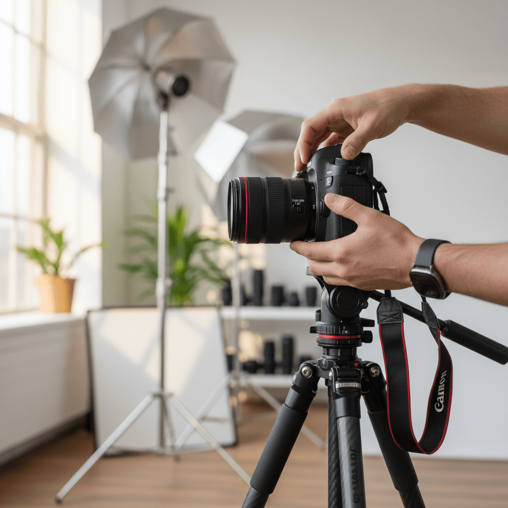 Photographer holding a camera in a bright, minimal studio with soft natural light