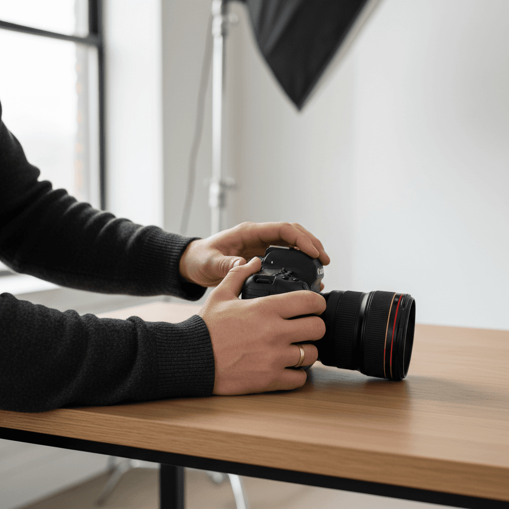 Photographer holding a camera in a bright studio