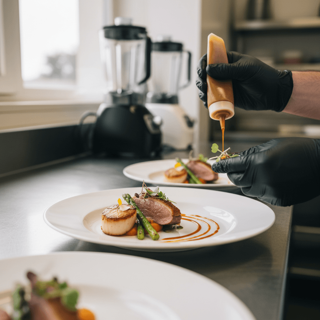 Chef plating a dish in a professional kitchen