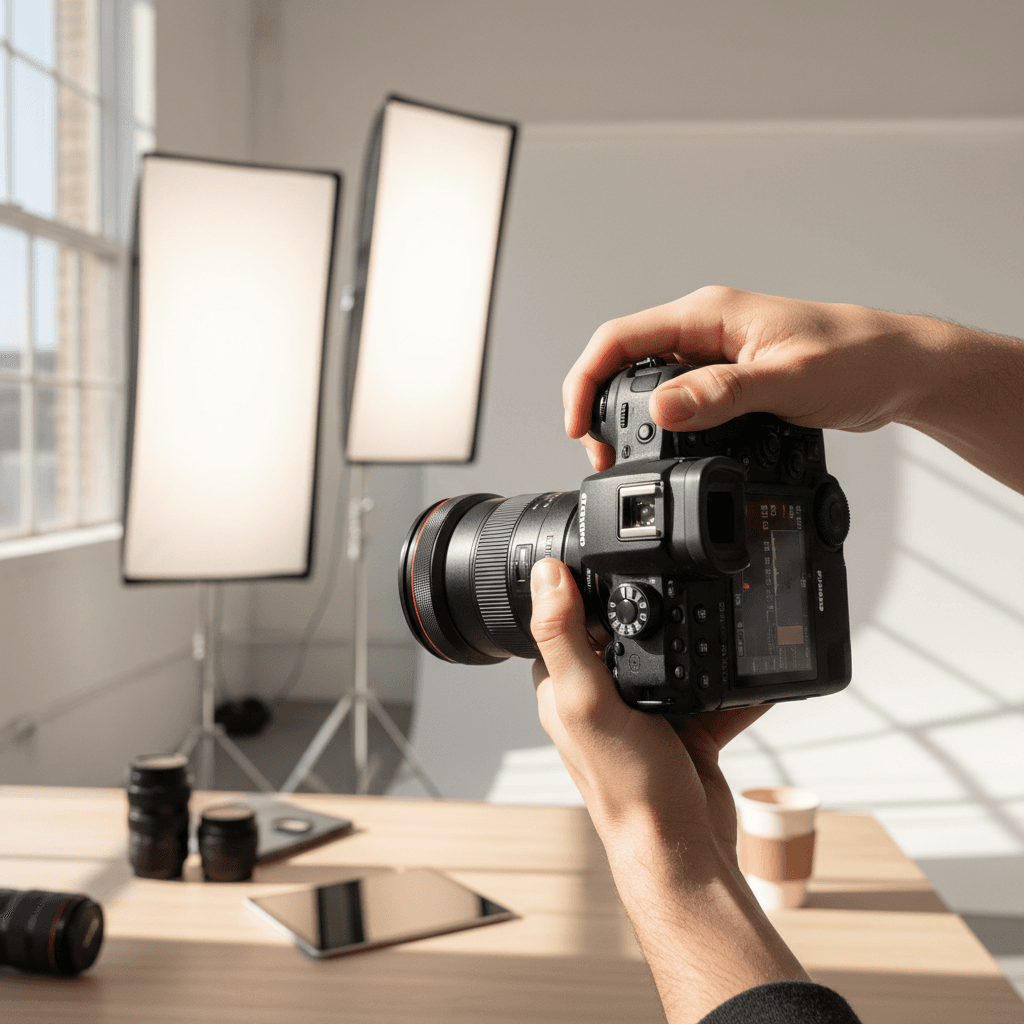 AWTJ photographer using a camera in a calm, naturally lit London studio