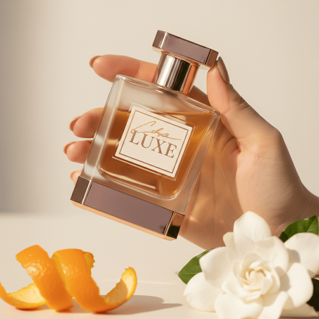 Product photo of a perfume bottle on a reflective surface